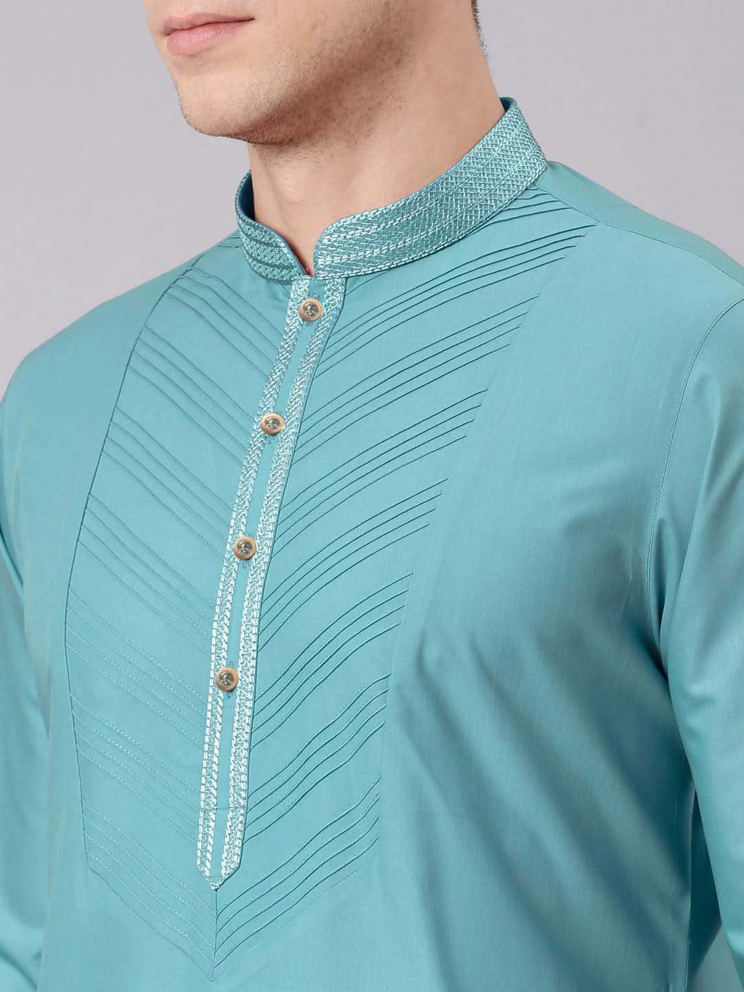 Teal Pleated Cotton Kurta Set