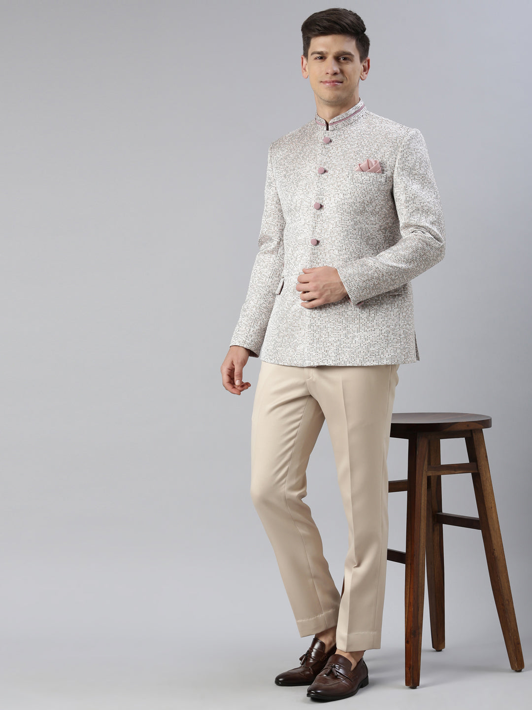 Pink Grey Jacquard Bandhgala Set