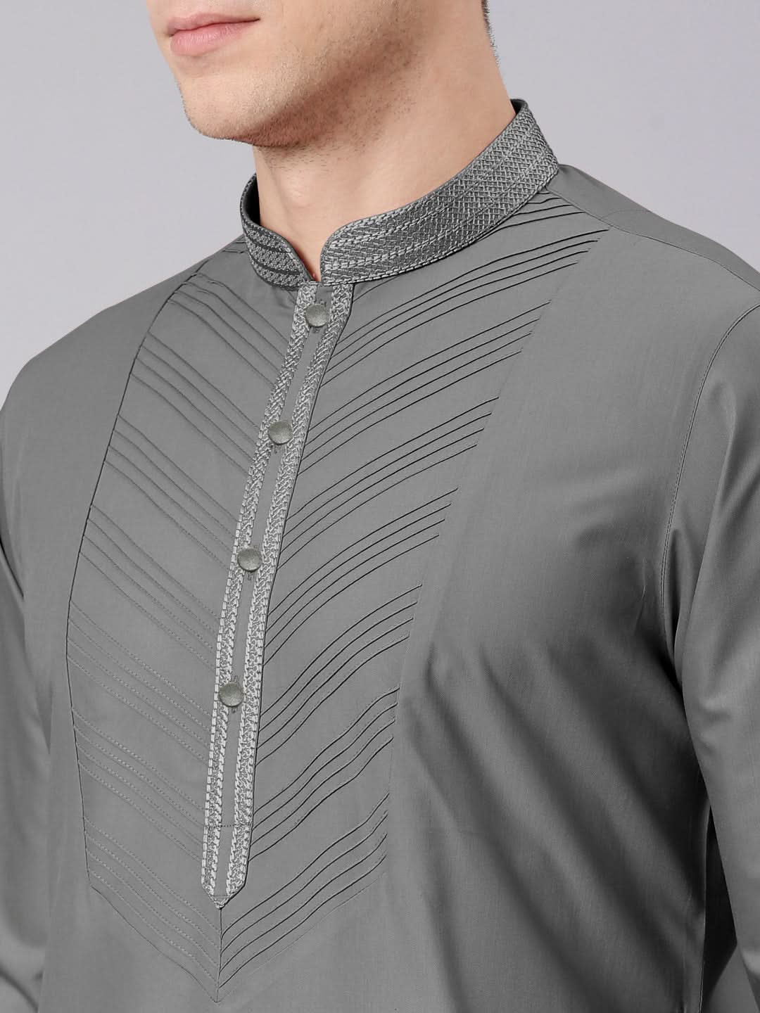 Grey Pleated Cotton Kurta Set