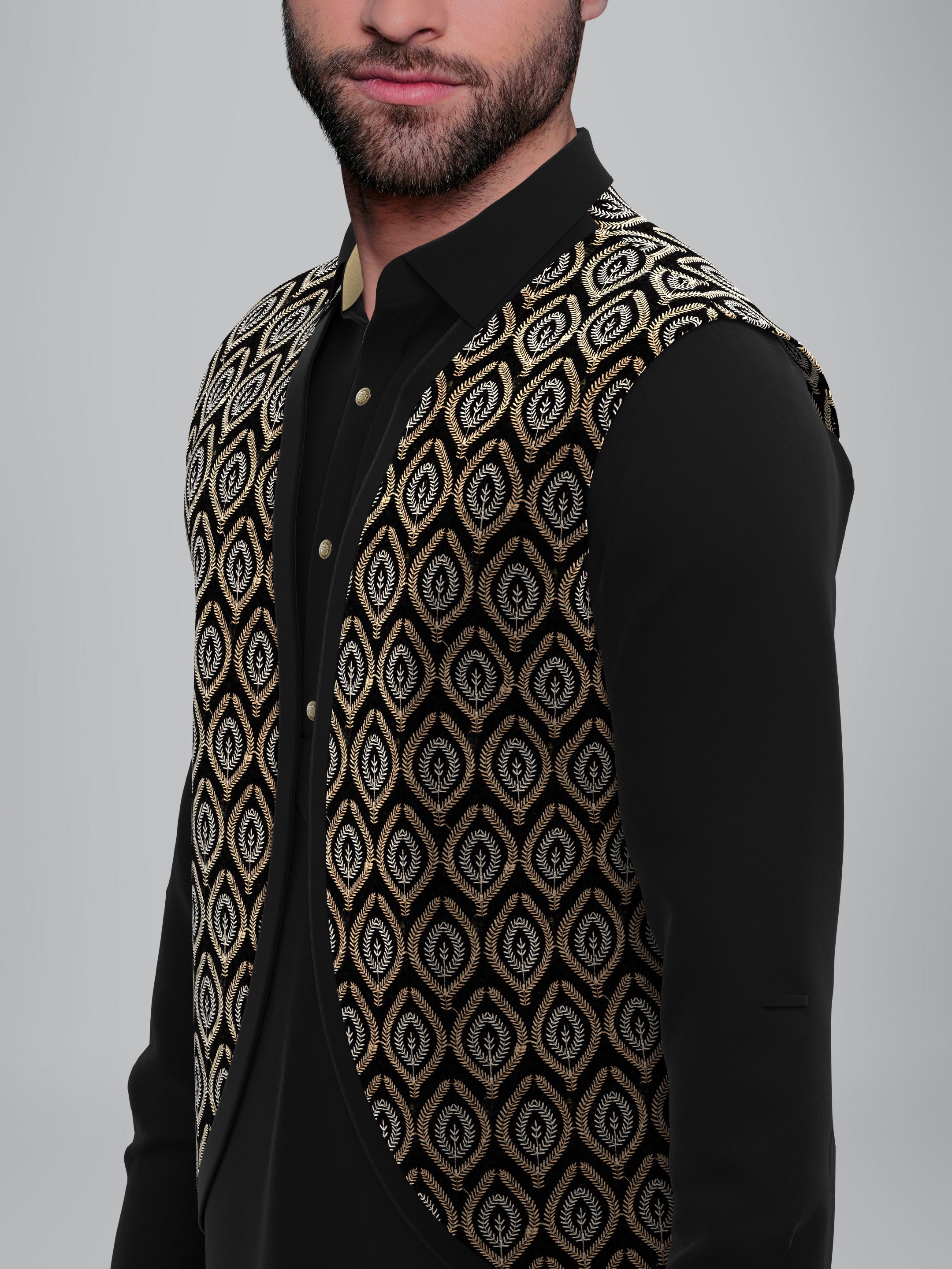 Black Velvet Embroidered Jacket Pathani Kurta Set