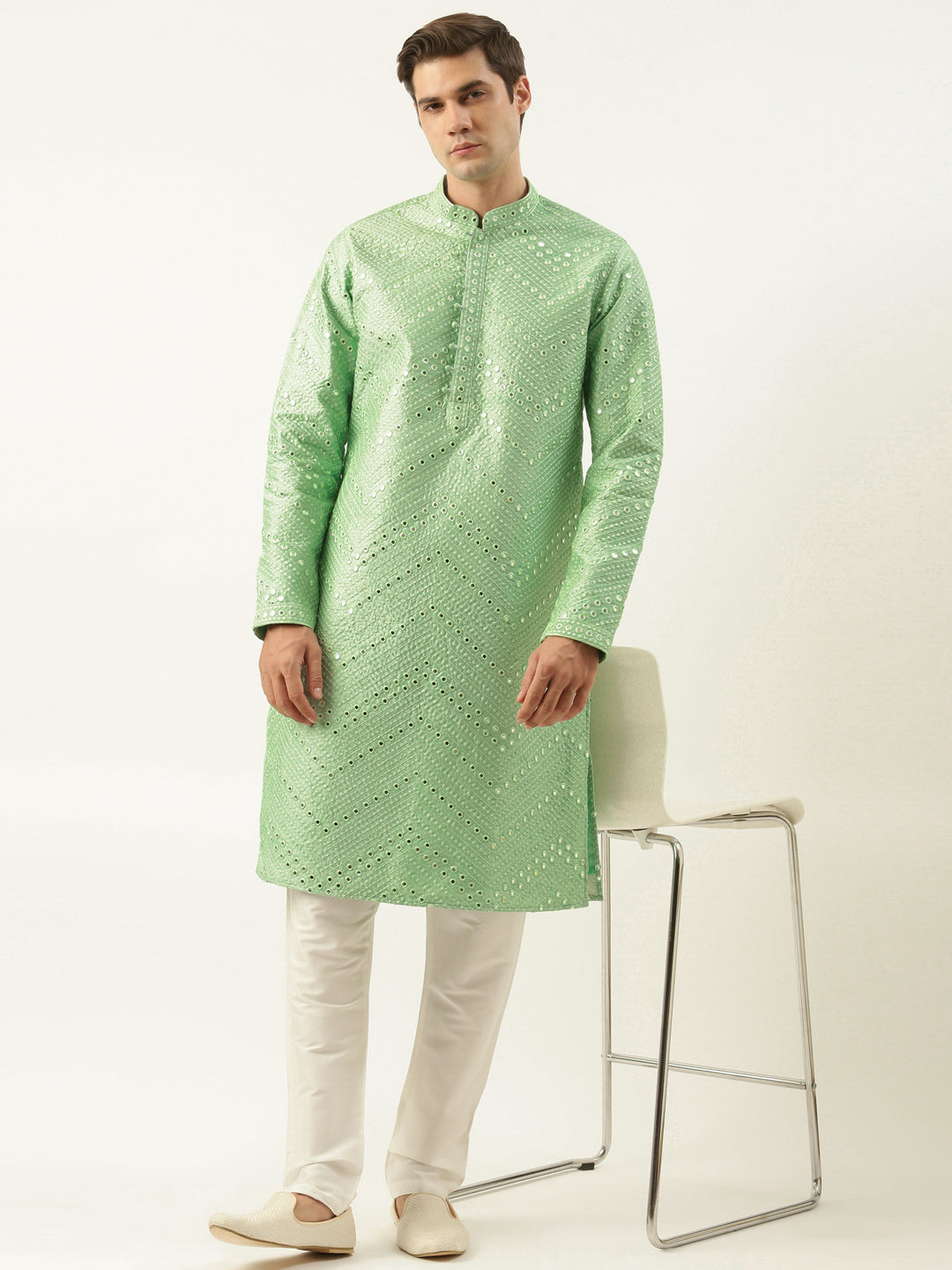 Light Green Silk Mirror Embroidered Kurta Set