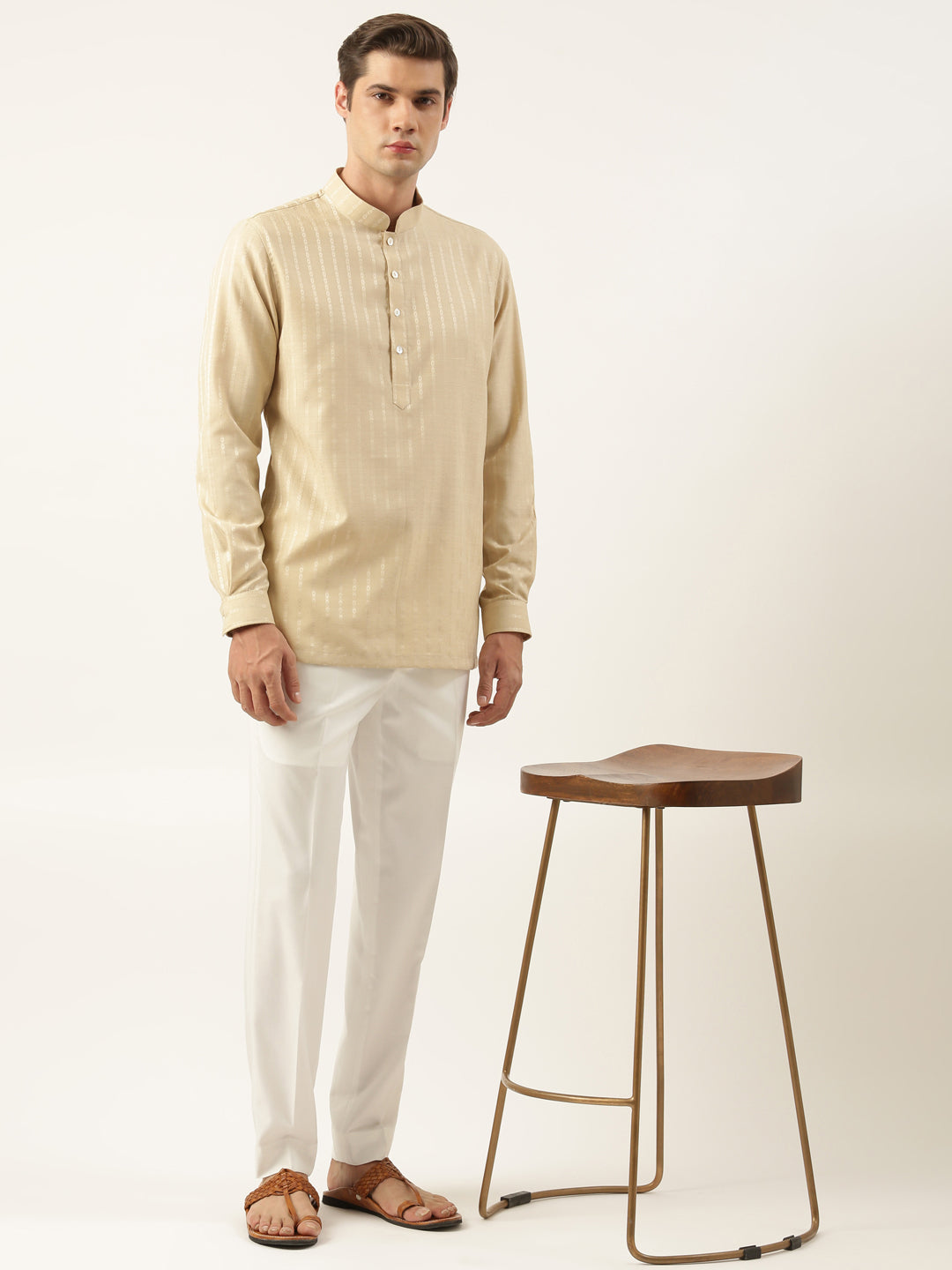 Light Beige Striped Short Kurta