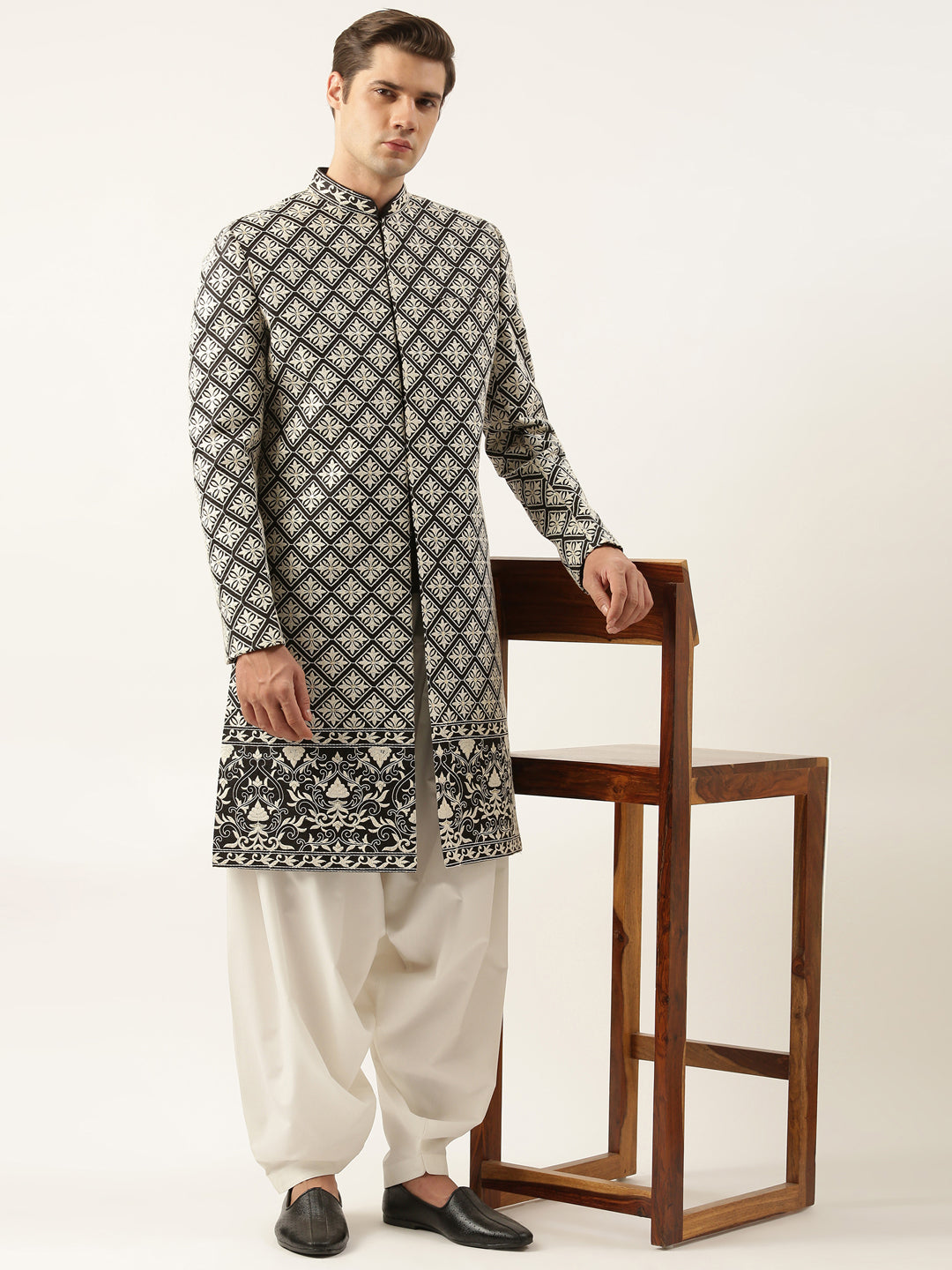 Black Silk Embroidered Indowestern Set