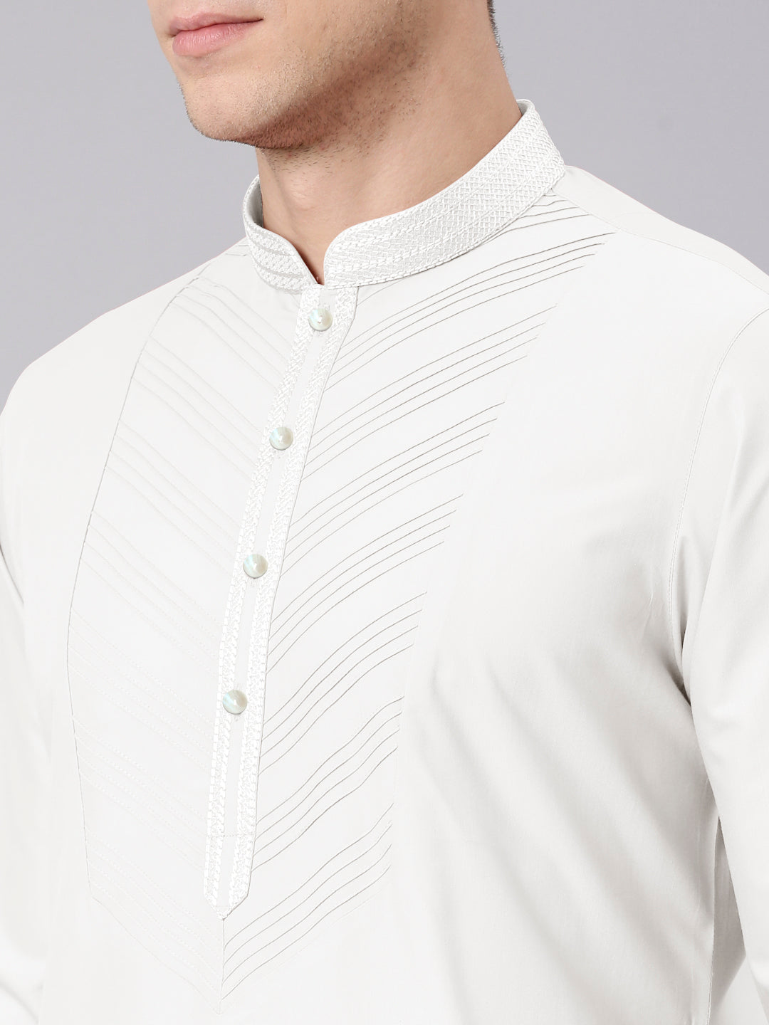 Off White Pleated Cotton Kurta Set
