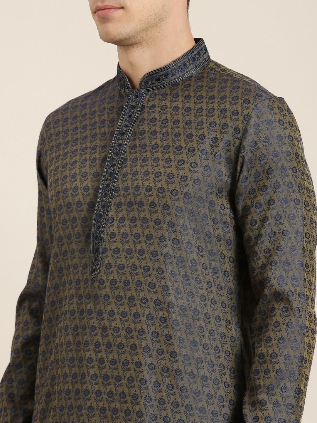 Navy Banarasi Jacquard Kurta Set