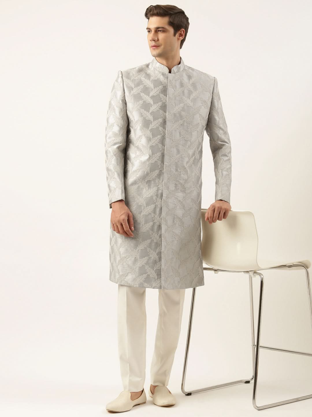 Grey Thread Embroidered Achkan