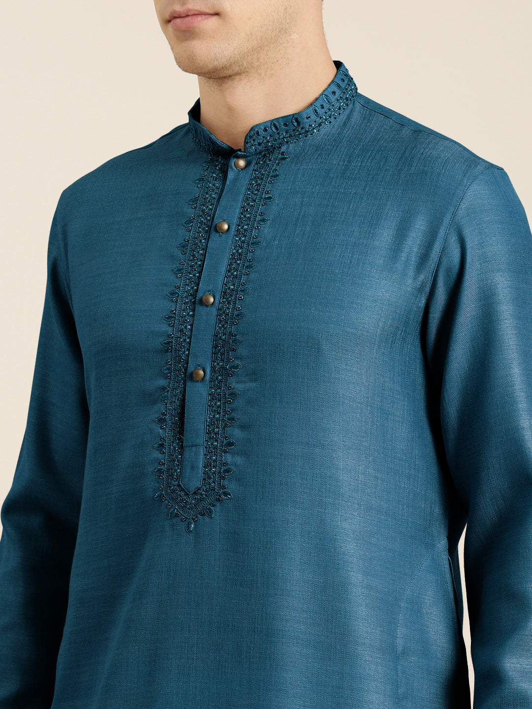 Denim Blue cotton Dori Embroidered Kurta