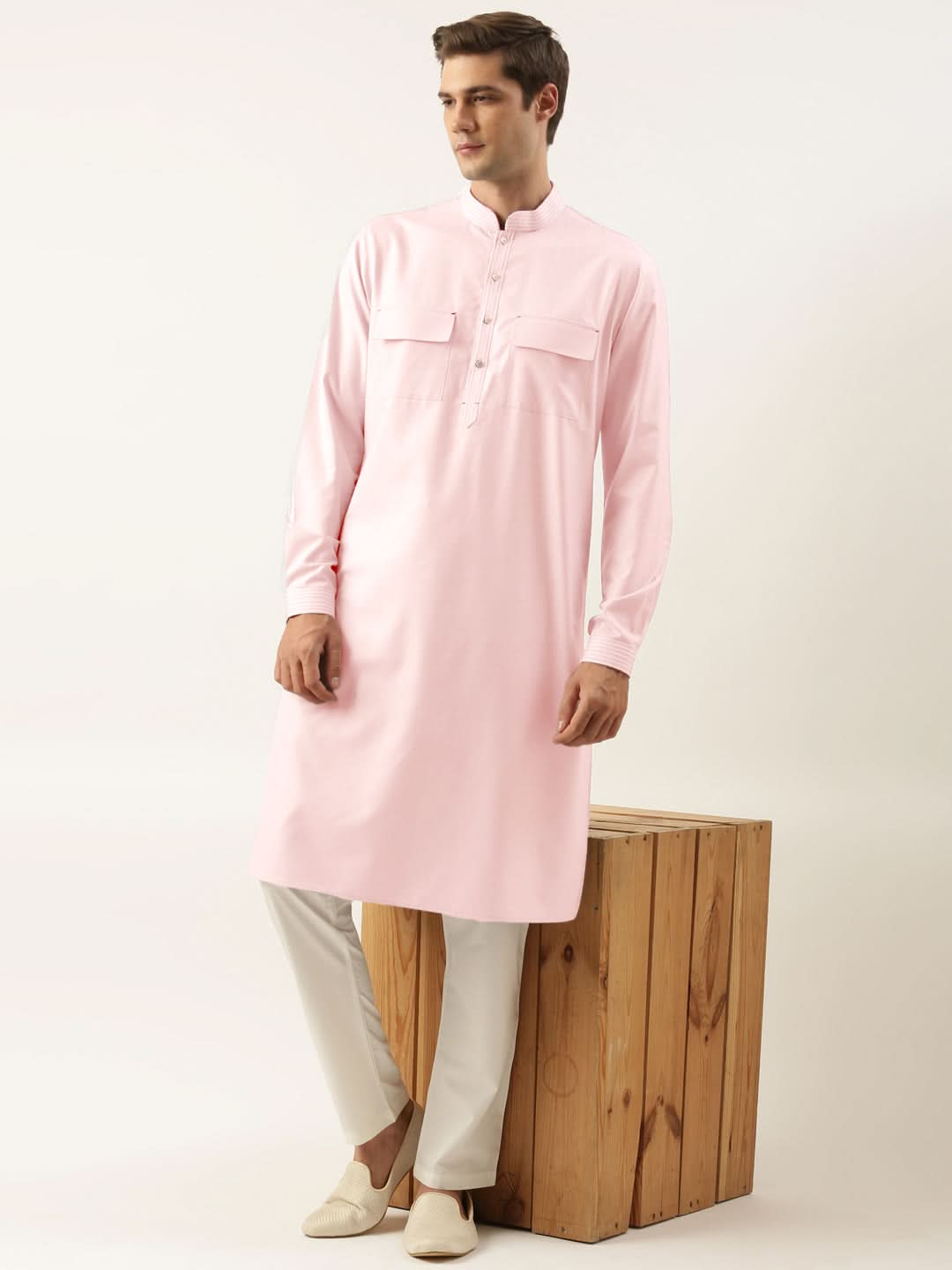 Baby Pink Pure Cotton Pathani Kurta Set with Patch pocket