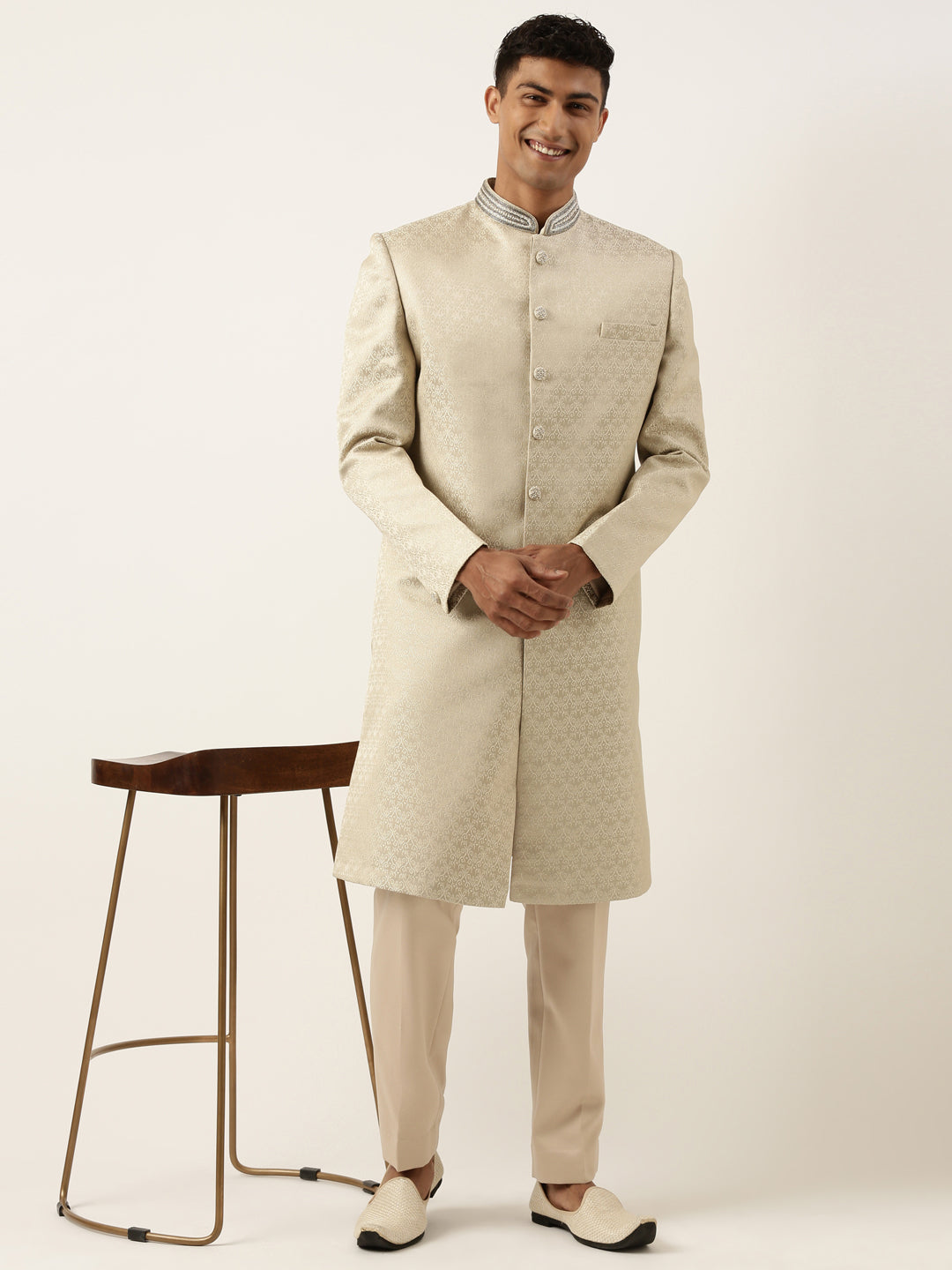 Beige Gold Jacquard Achkan Set