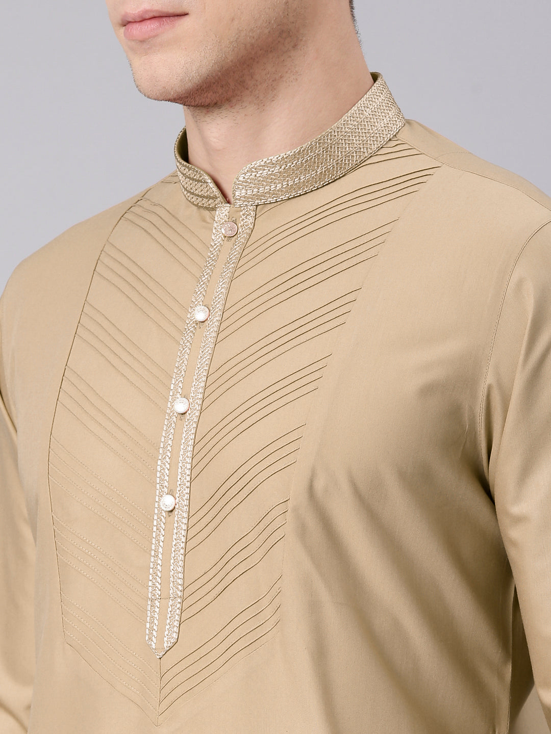 Beige Pleated Cotton Kurta Set