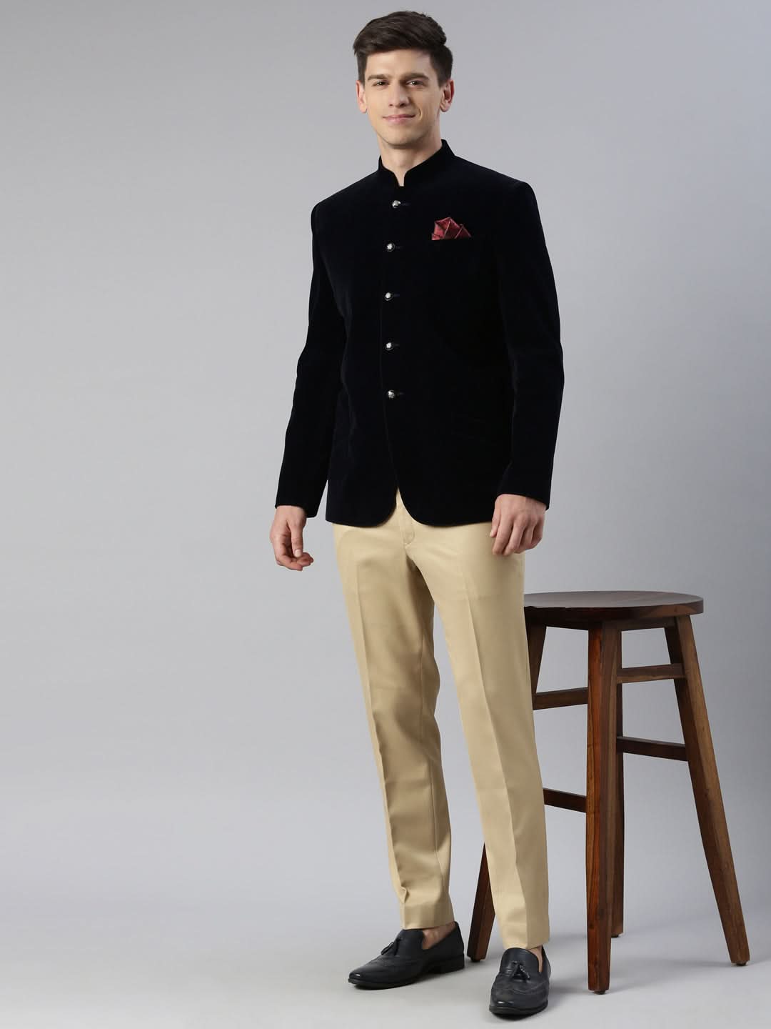 Navy velvet patch pocket jodhpuri set