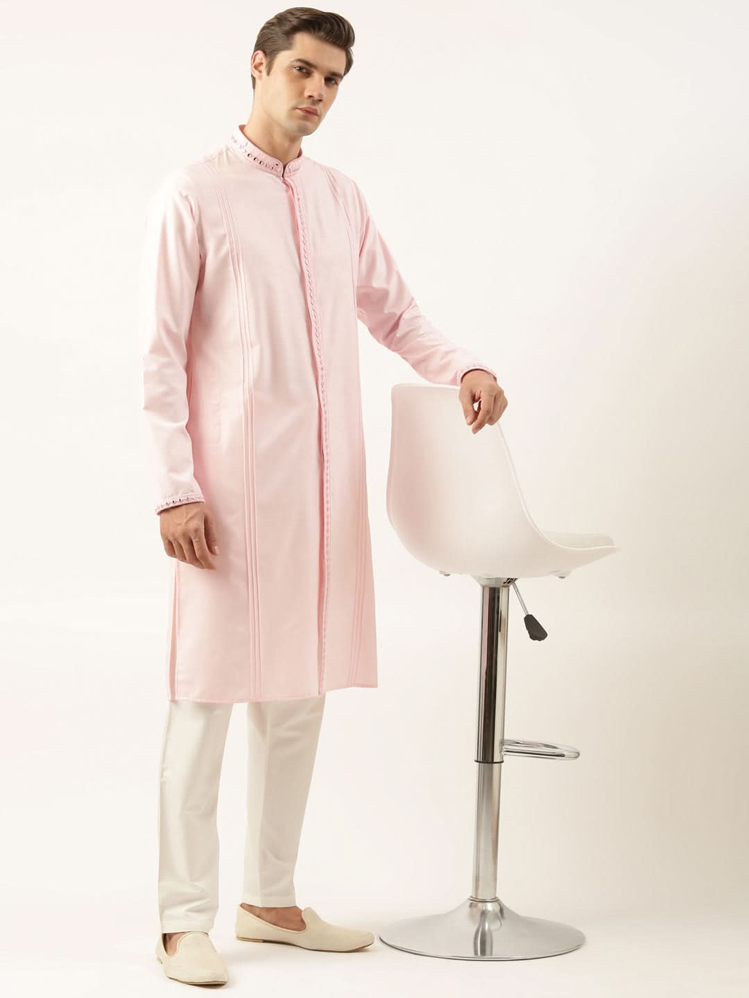 Pink cotton Front Open Embroidered Kurta Set