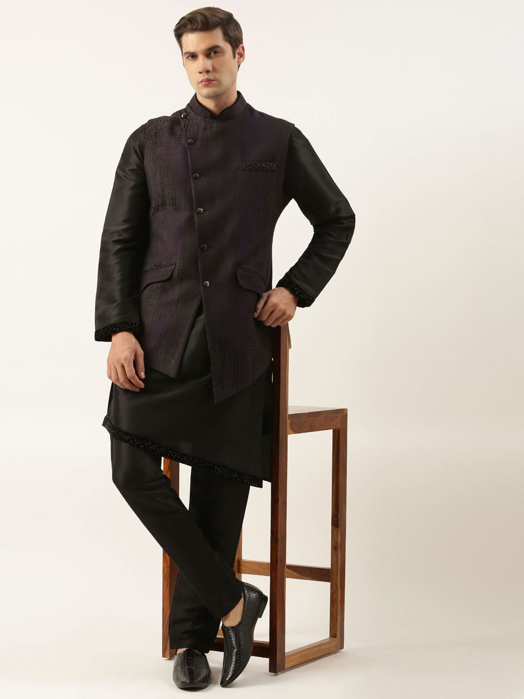 Black Purple Jacket Kurta Set
