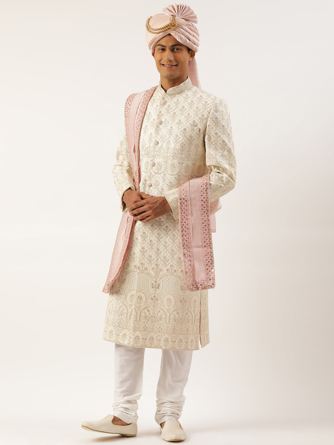 Cream Embroidered Sherwani