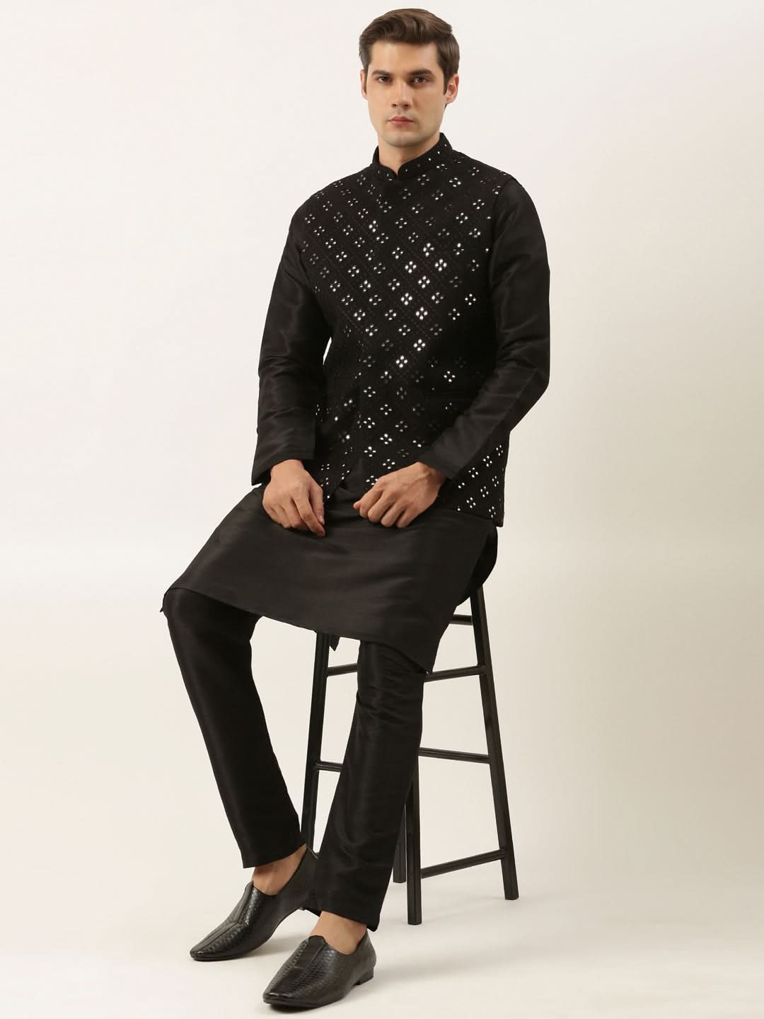 Black Mirror Embroidered Jacket Kurta Set