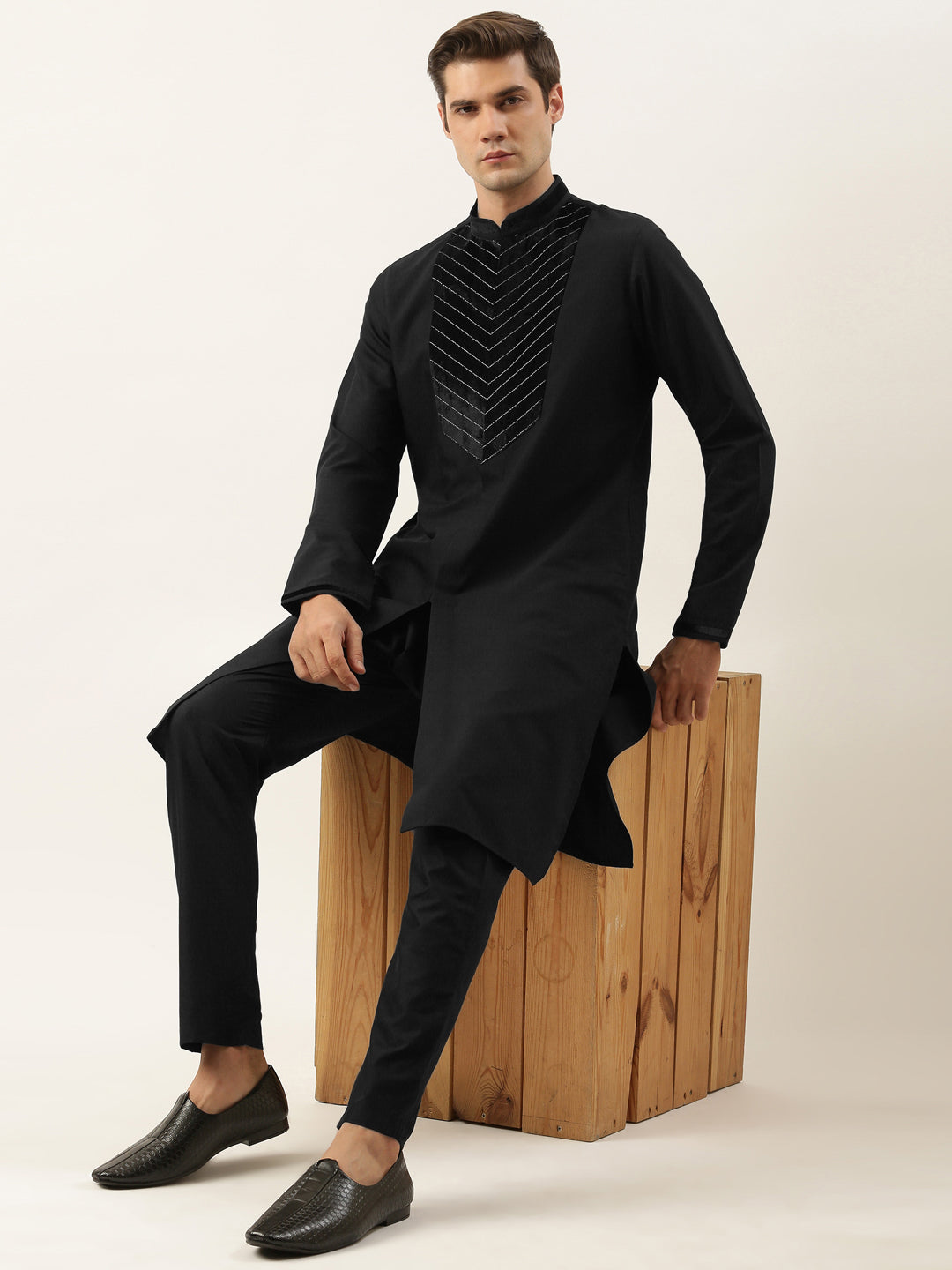 Black Cotton With Velvet Detailing Kurta Set