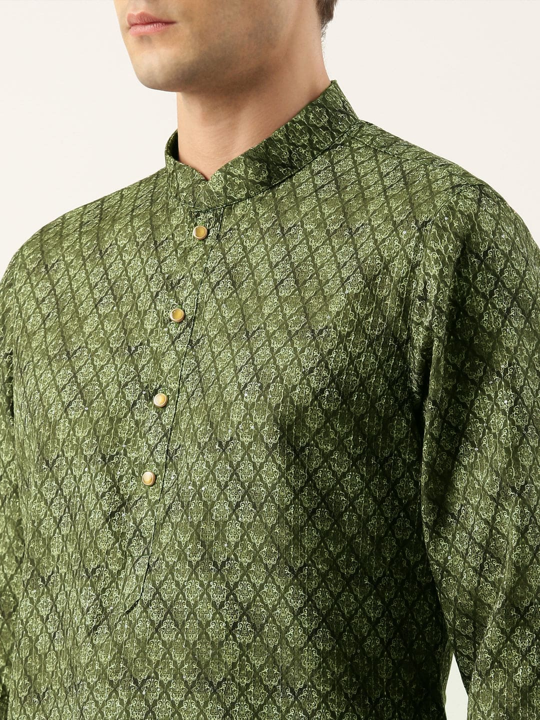 Olive Printed Sequin Embroidered Kurta Set