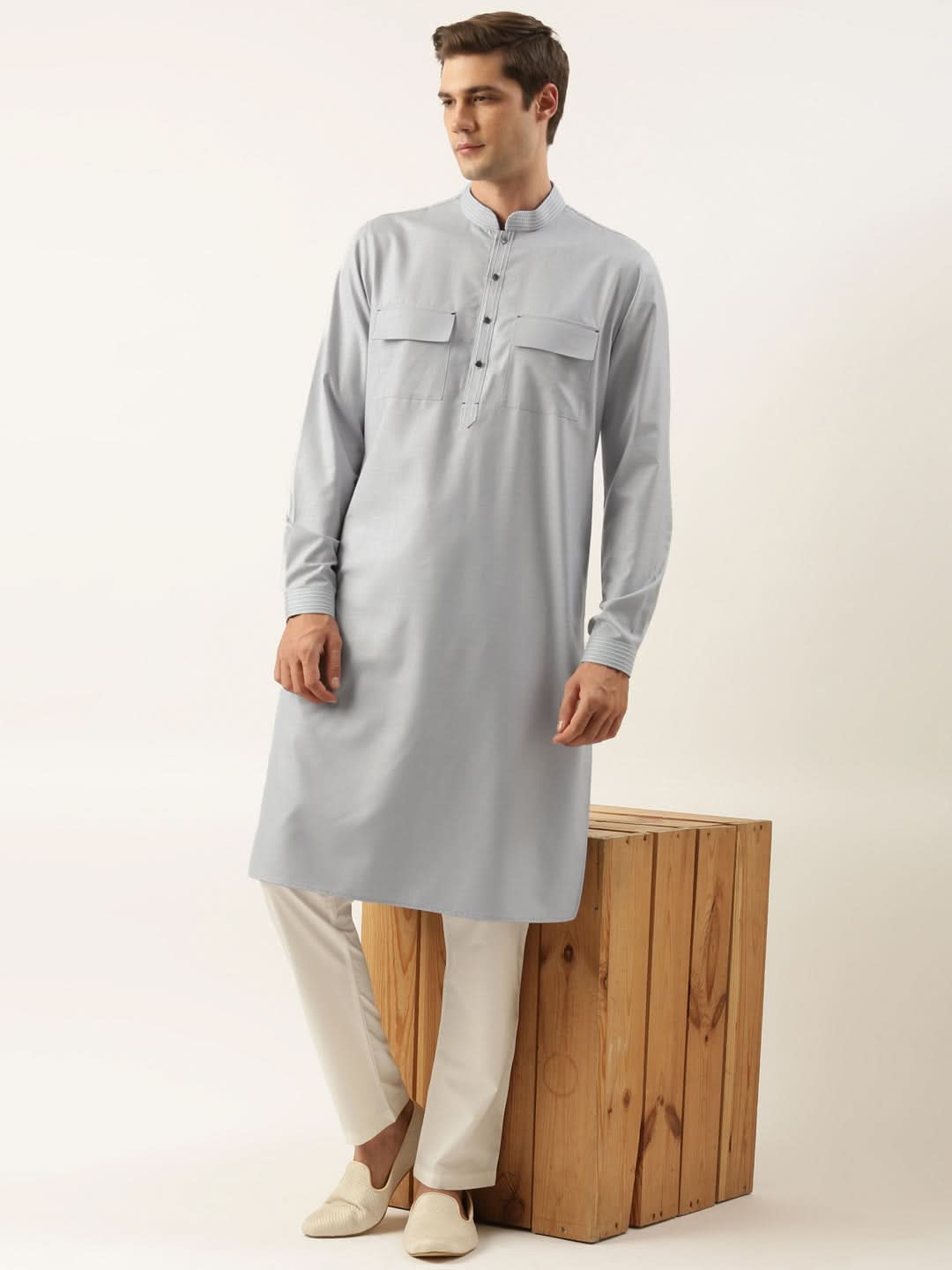 Grey Pure Cotton Pathani Kurta Set with Patch Pocket