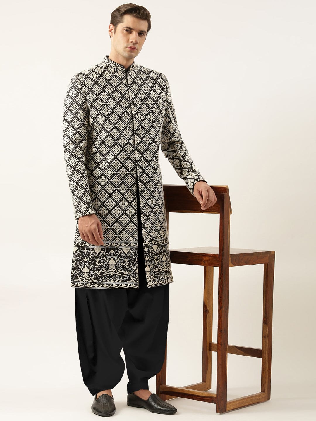 Black Silk Embroidered Indowestern Set