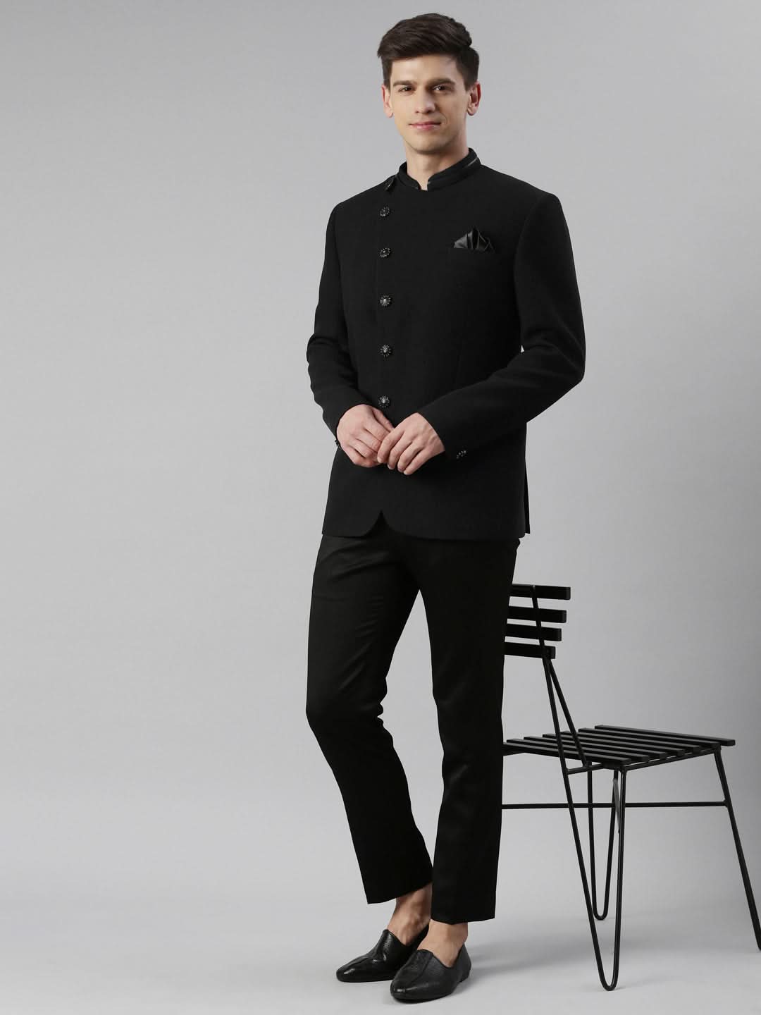 Black textured Bandhgala Set with leather detailing