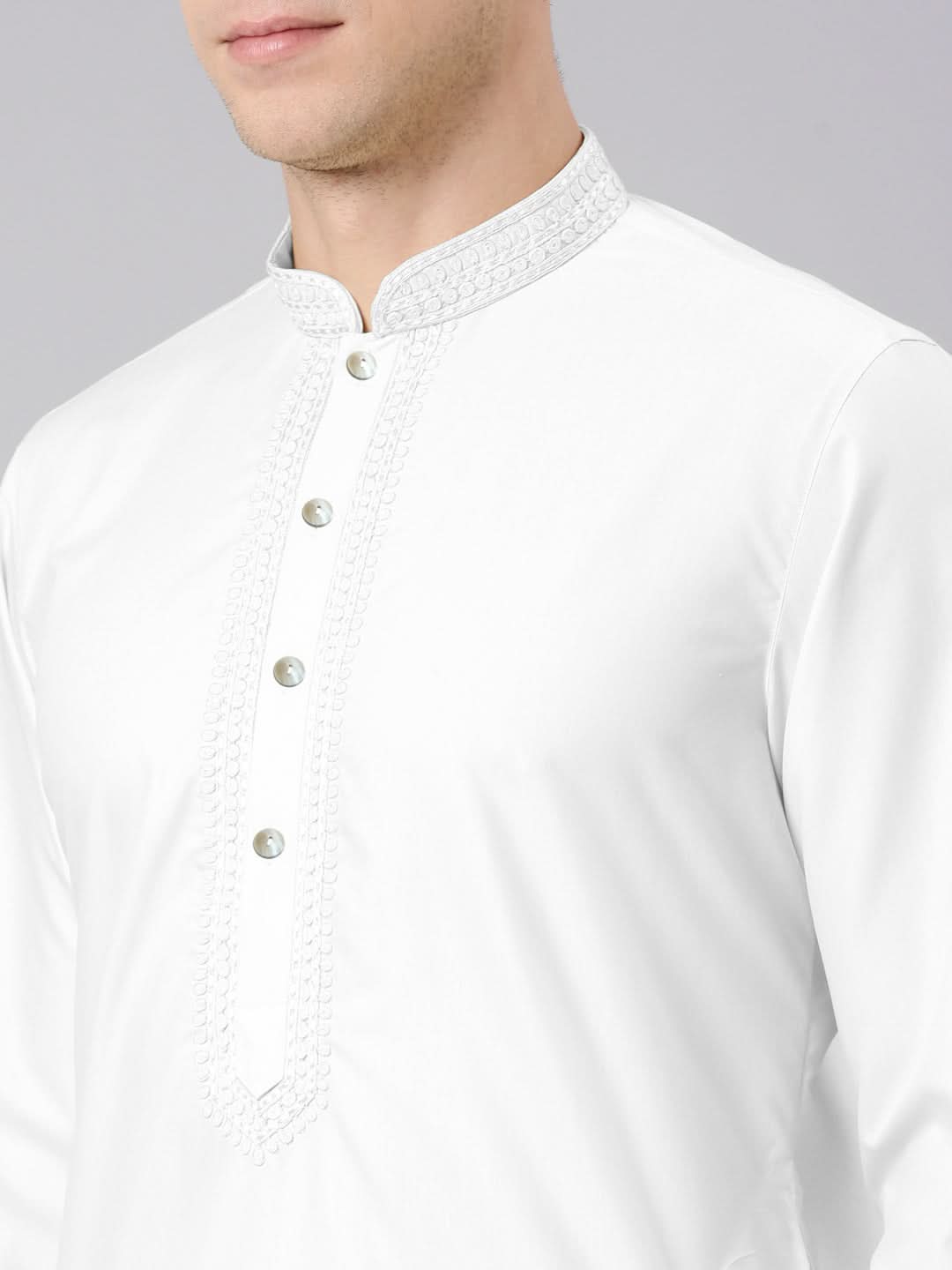 White Cotton Dori Embroidery Kurta Set