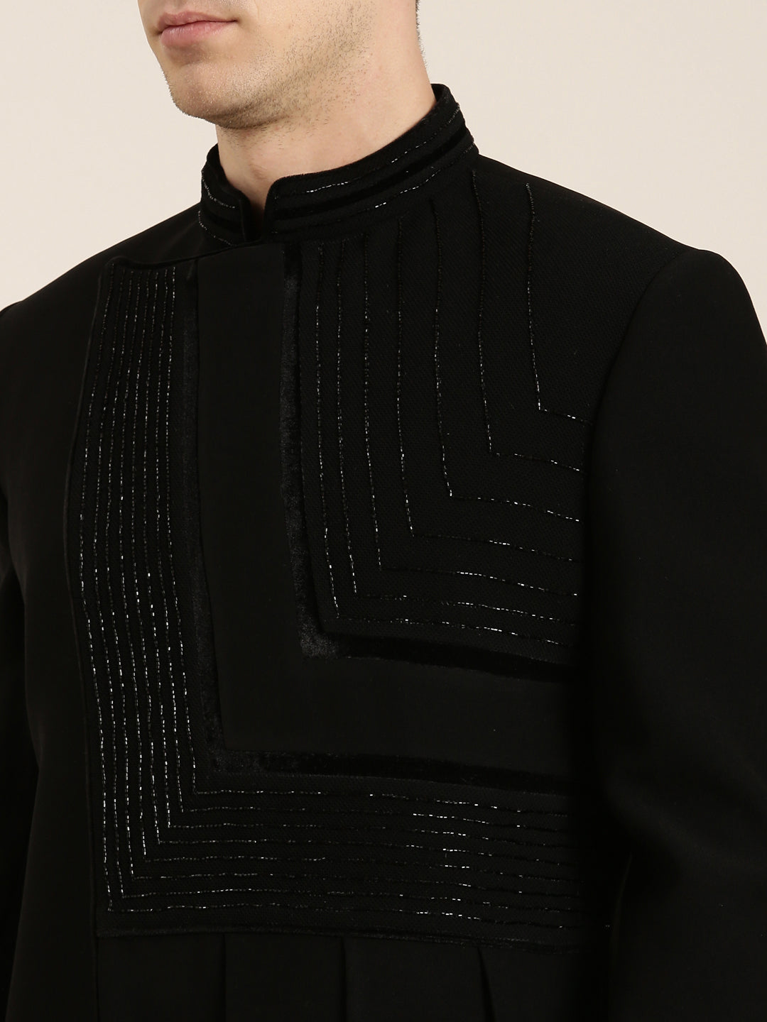 Black Draped Embroidered Indowestern