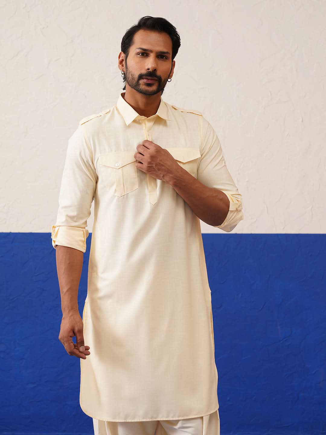 Cream Pure Cotton Pathani With Salwar Set