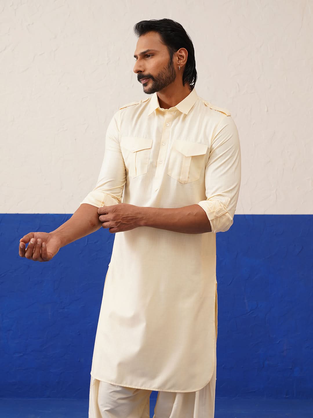 Cream Pure Cotton Pathani With Salwar Set