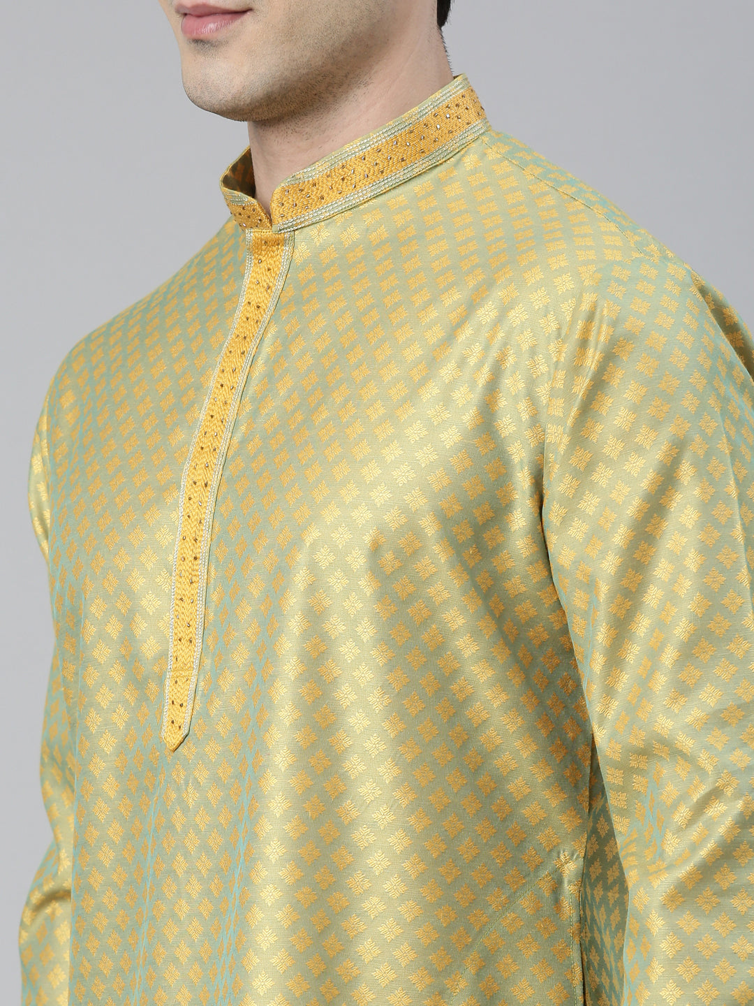 Greenish Yellow Silk Jacquard Kurta Set