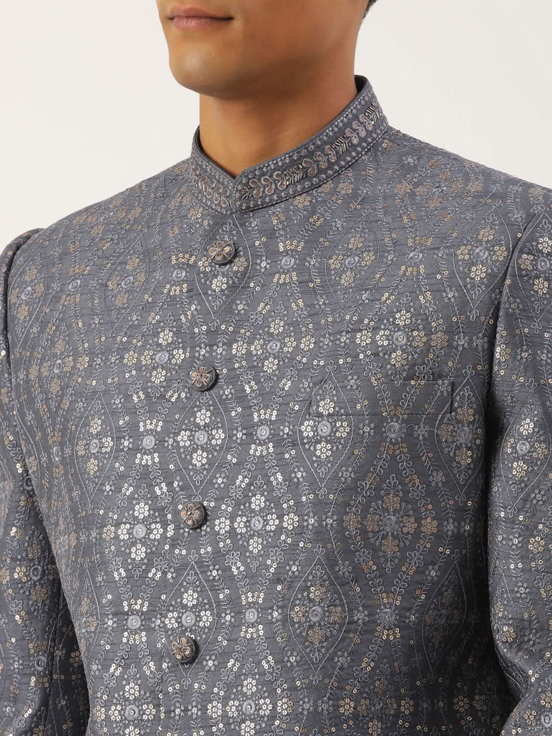Grey silk Embroidered Indowestern