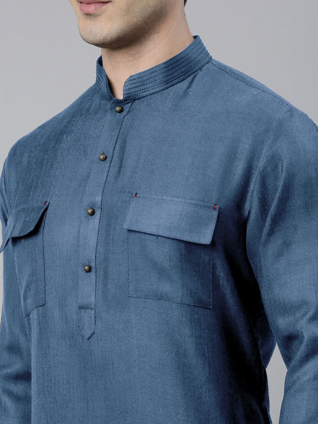 Denim Blue Cotton Pathani Kurta Set with Patch pocket