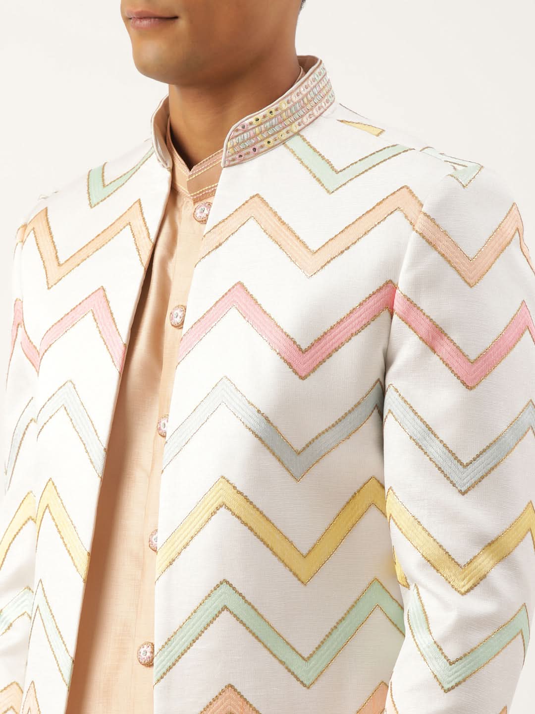 White Embroidered Open Indowestern Set