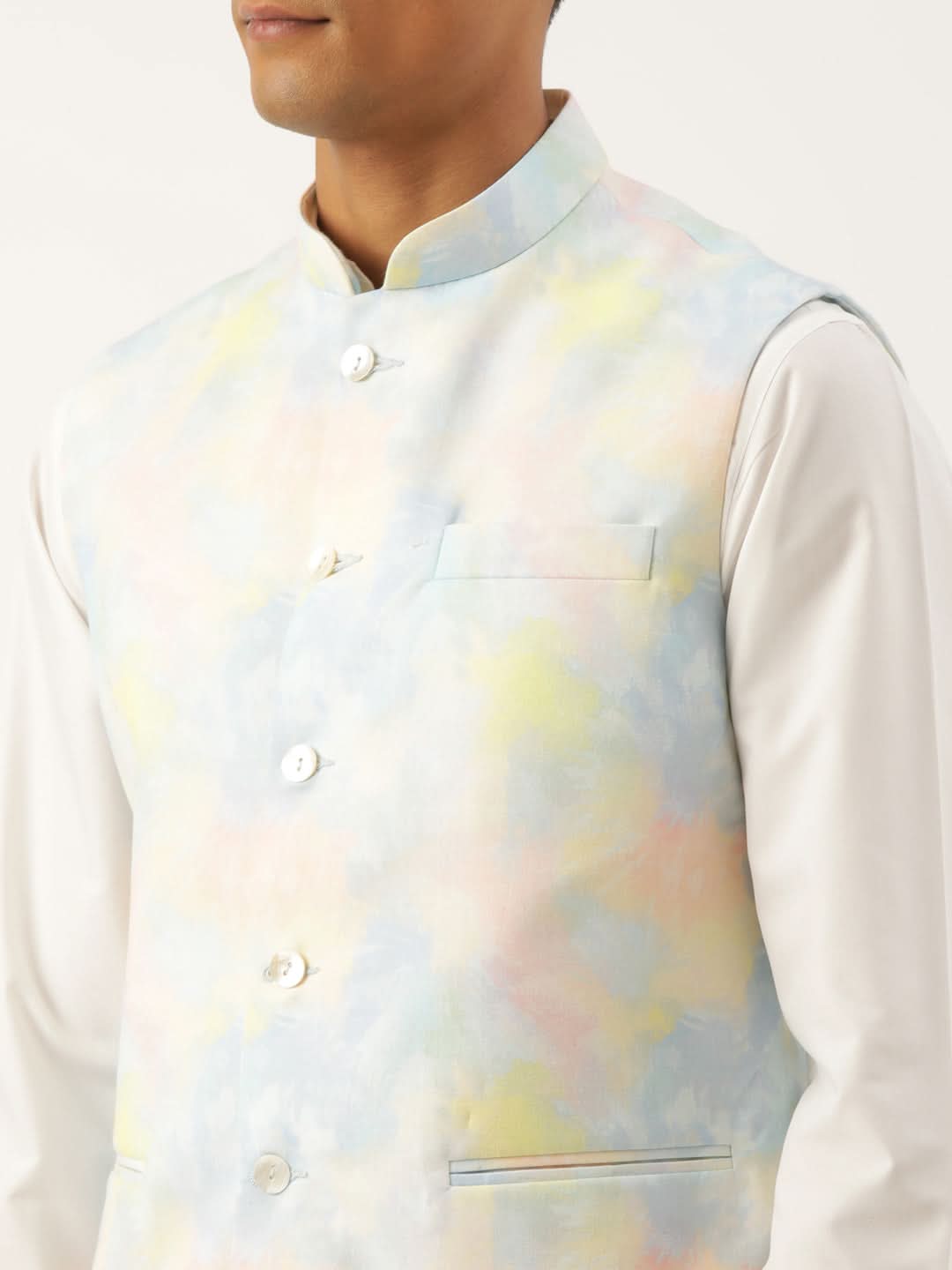Multicolor Tiedye Cotton Jacket With Yellow Self Design Premium Cotton Kurta