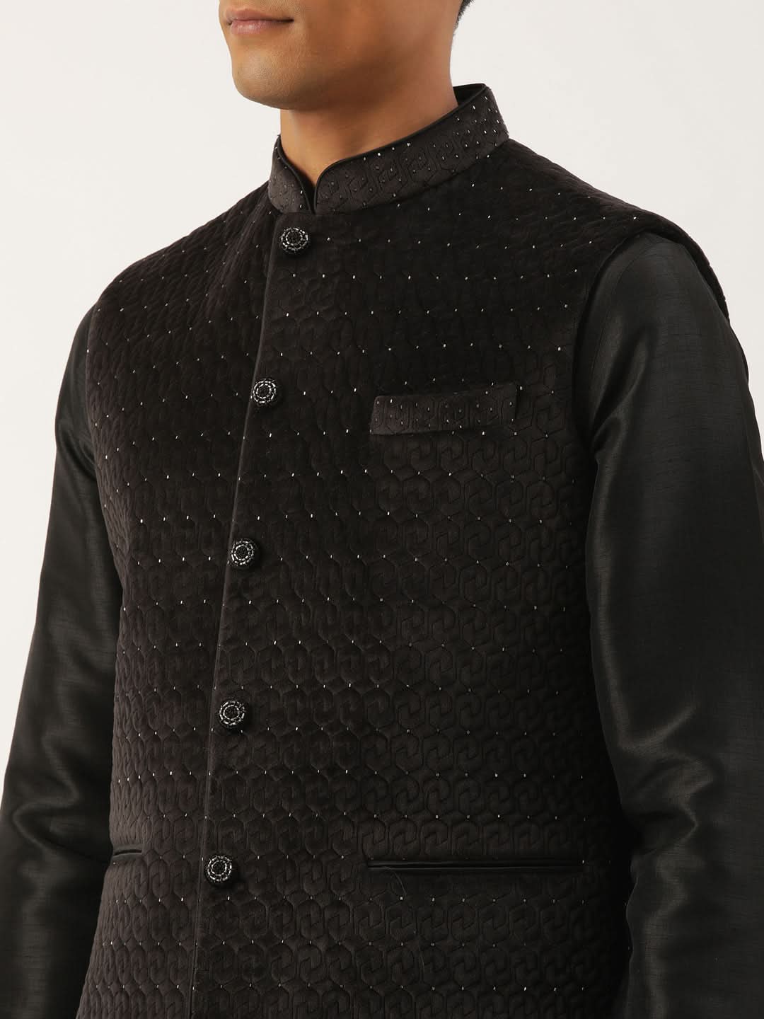 Black Velvet Quilted Jacket Kurta Set