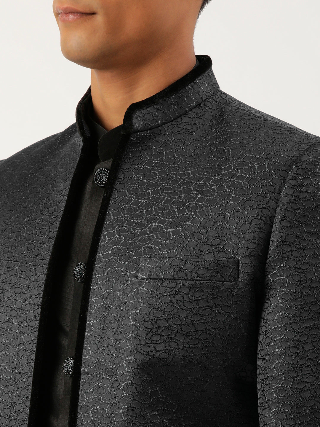 Black Jacquard open Indowestern Set