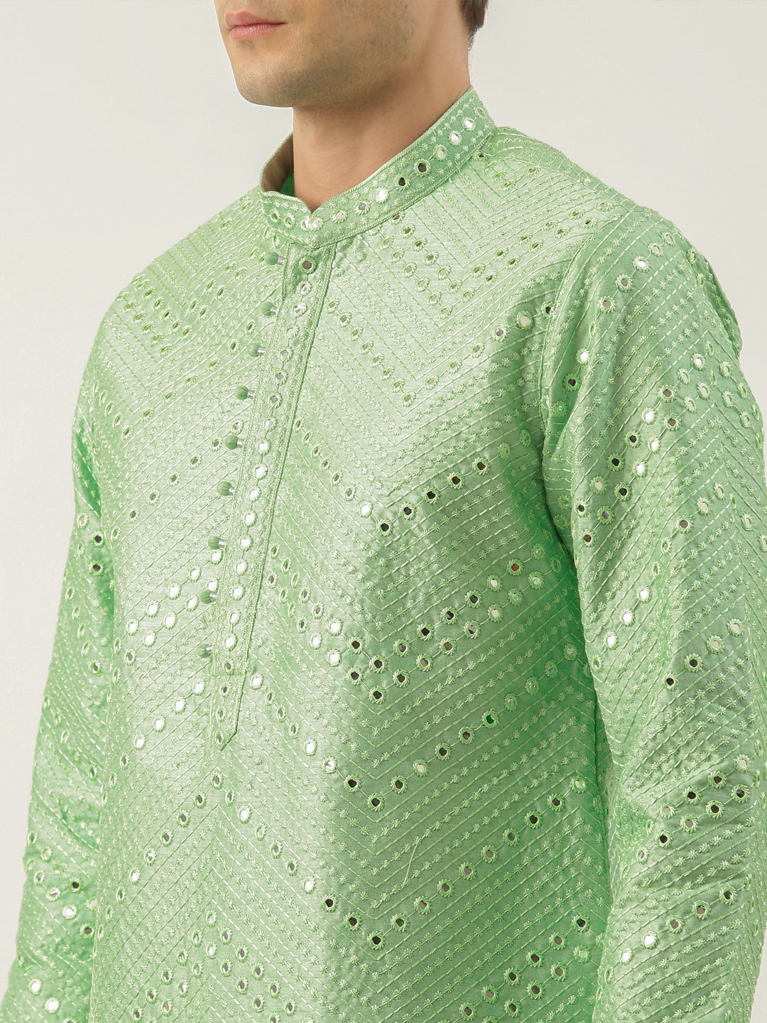 Light Green Silk Mirror Embroidered Kurta Set
