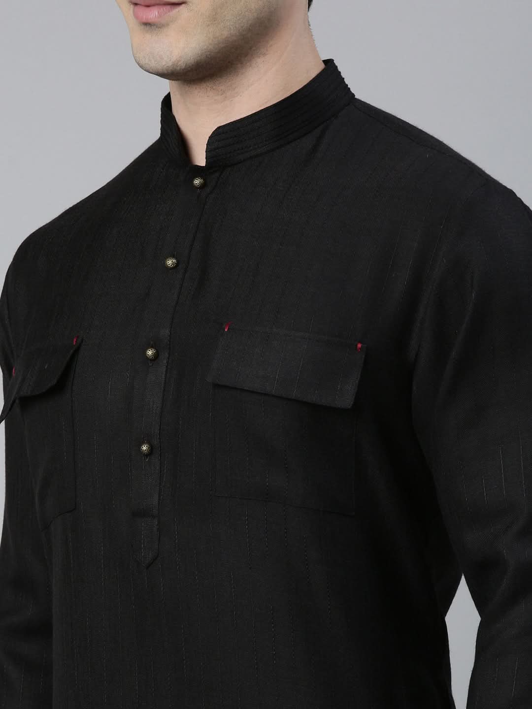 Black Cotton Pathani Kurta Set with Patch pocket