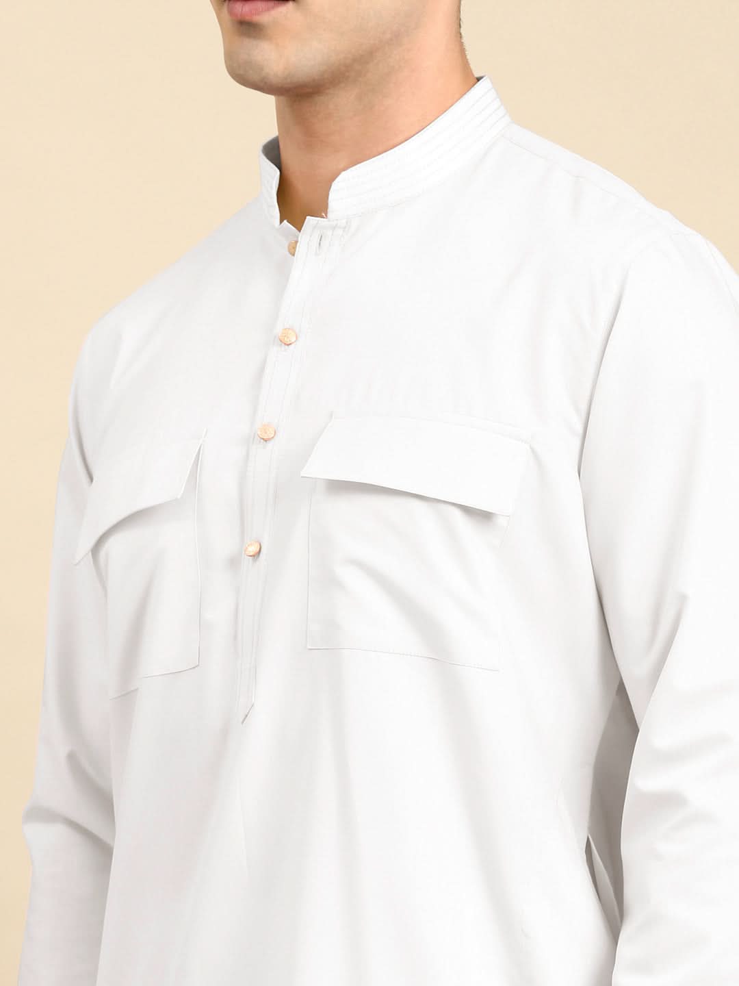 White Cotton Pathani Kurta Set with Patch pocket