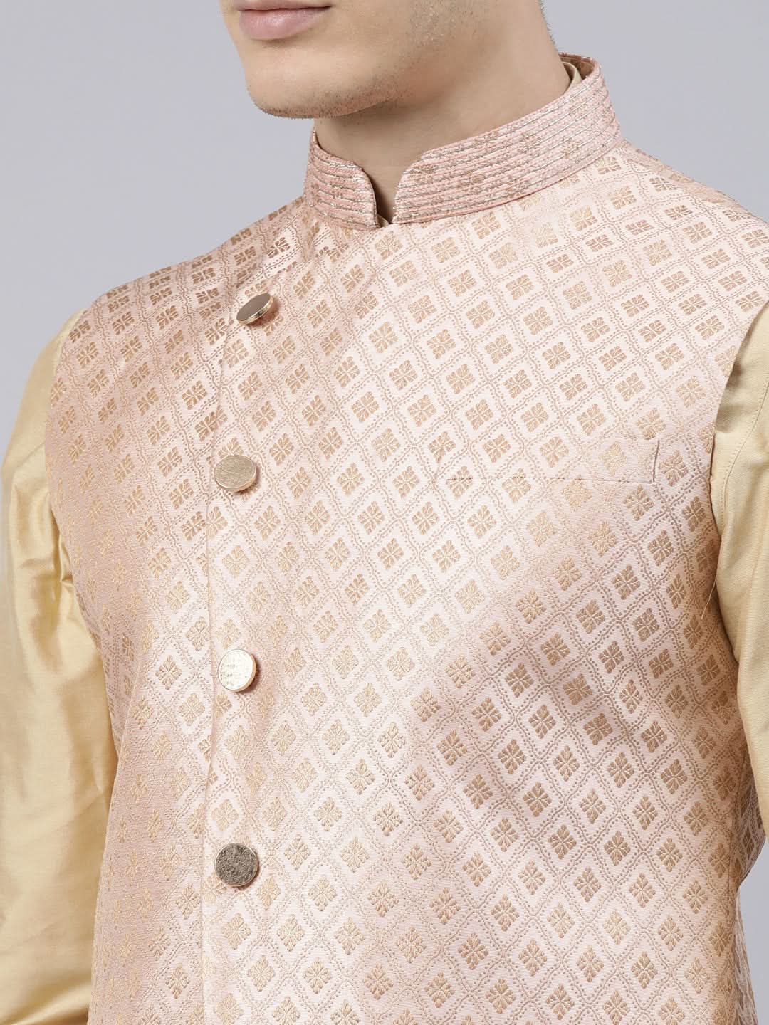 Peach Brocade Jacket With Gold Kurta