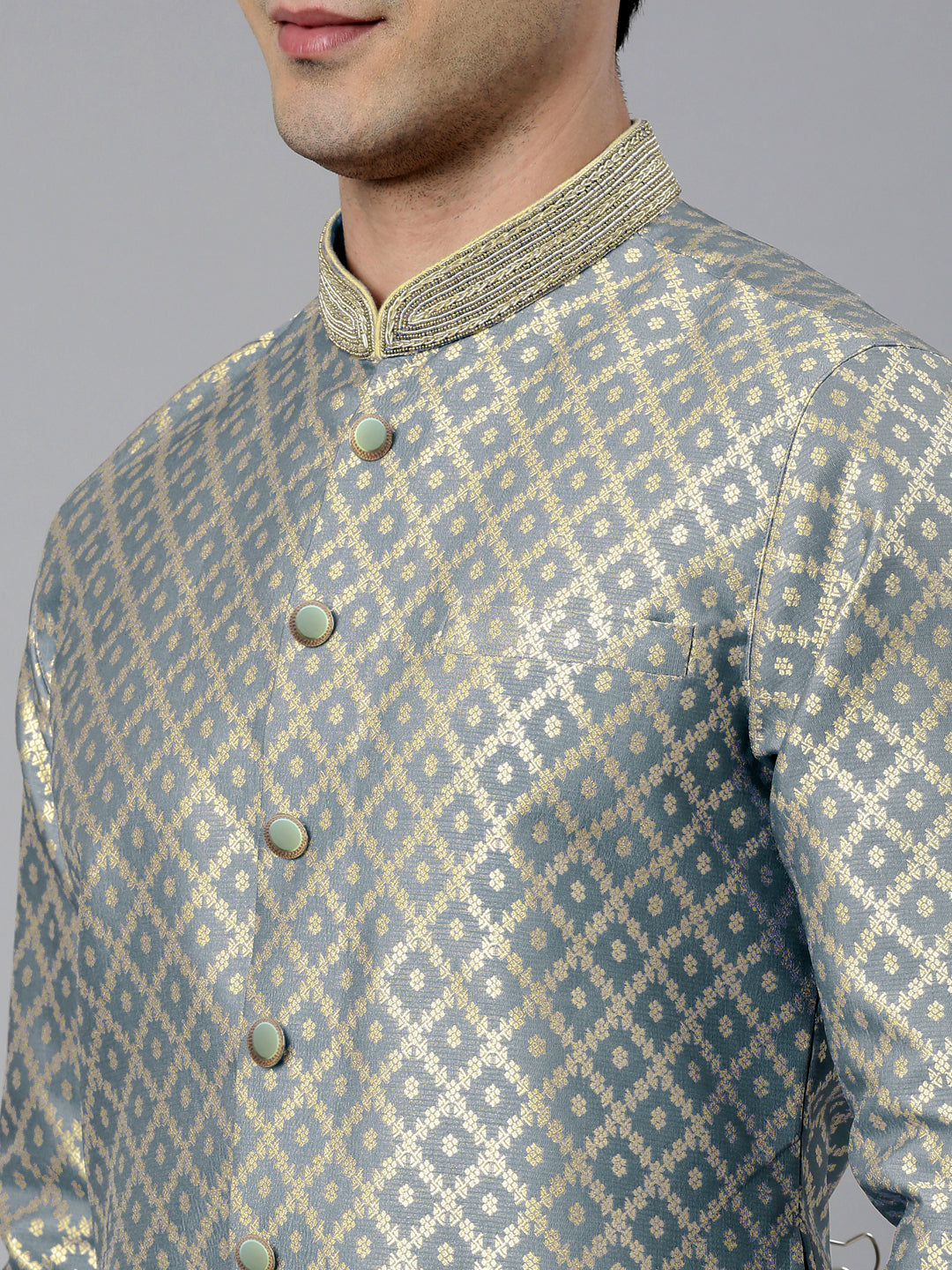 Grey with Golden Floral Jaal Open Kurta Set