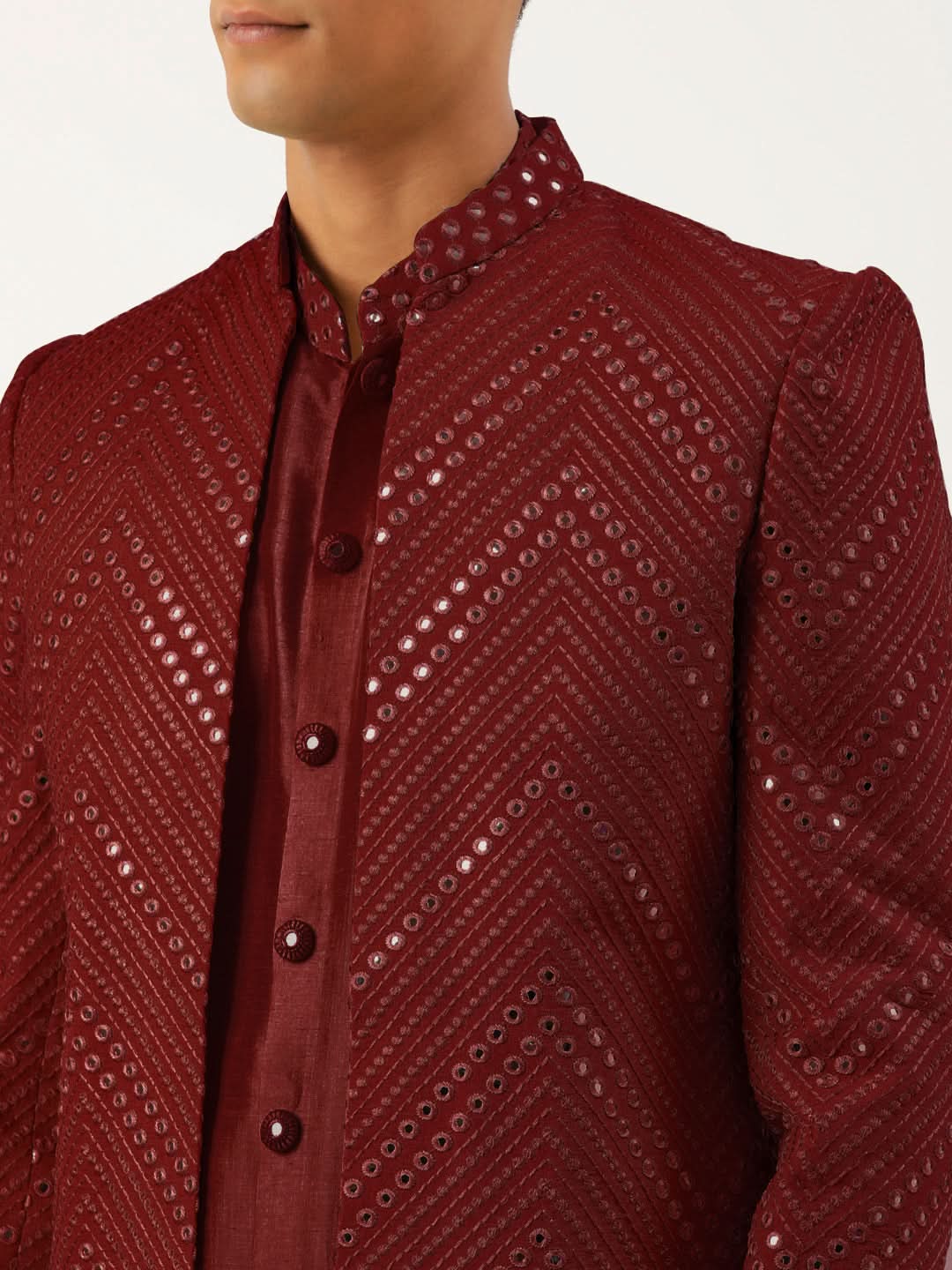 Maroon Mirror Embroidered Indowestern With Kutra