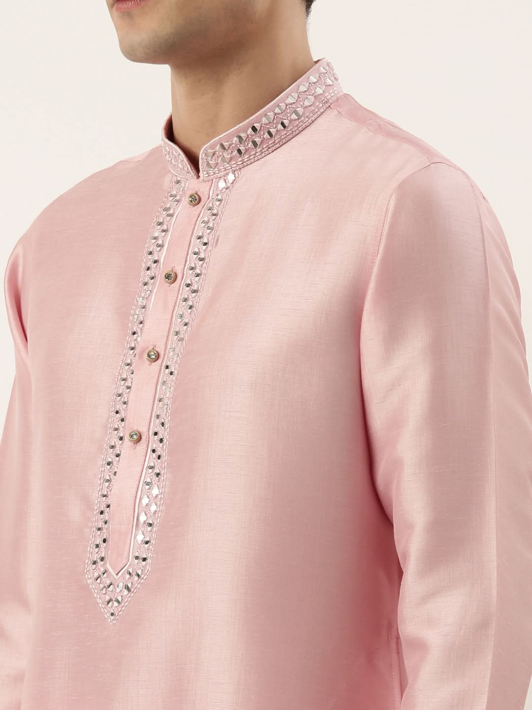 Pink Silk Mirror Embroidered Kurta Set