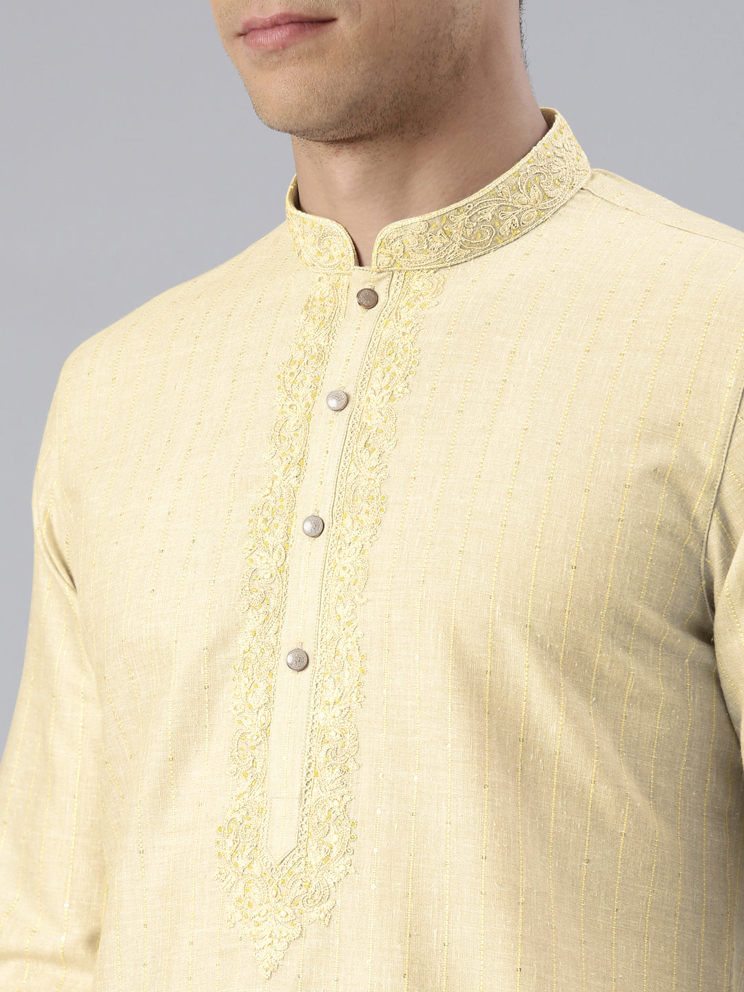 Cream Yellow Linen Embroidered Kurta