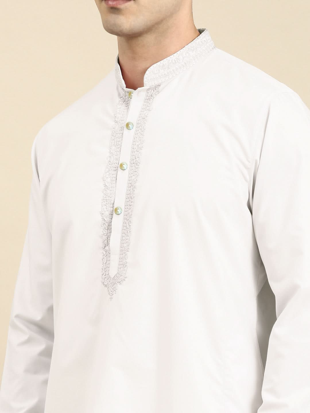 Off White Cotton Dori Embroidered Kurta Set