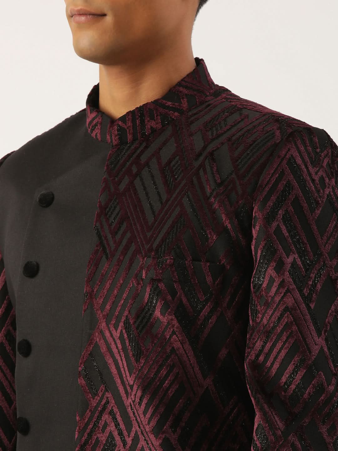 Wine Velvet Angrakha Layered Indowestern