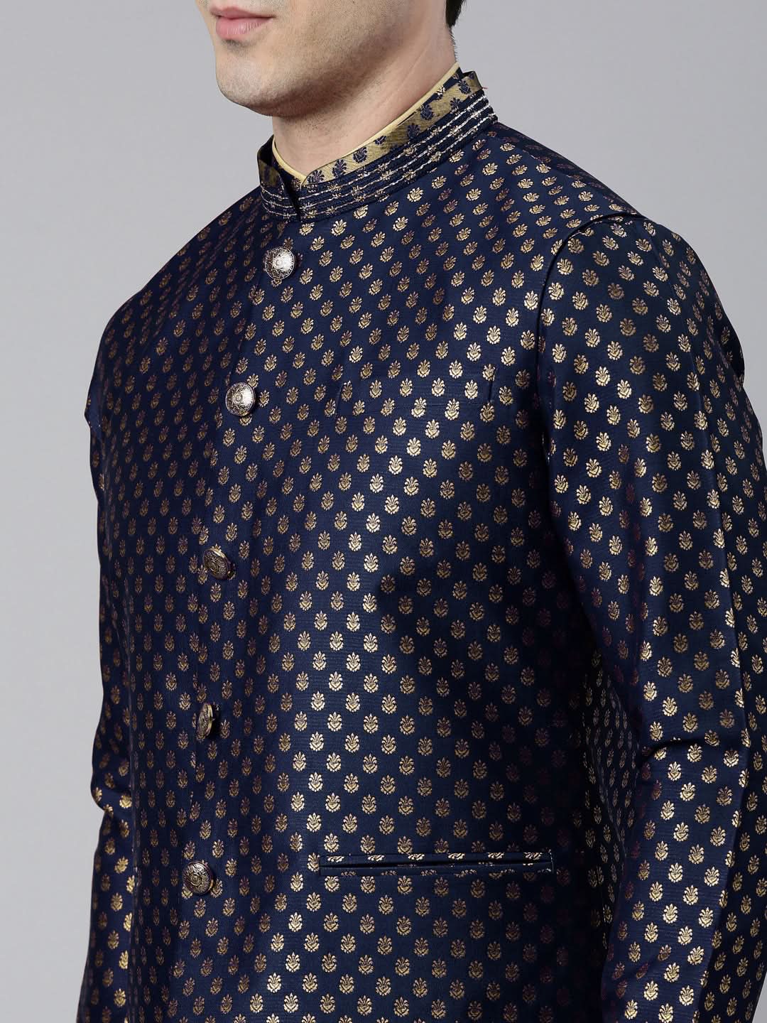 Navy Blue Brocade Jacket And Kurta Set