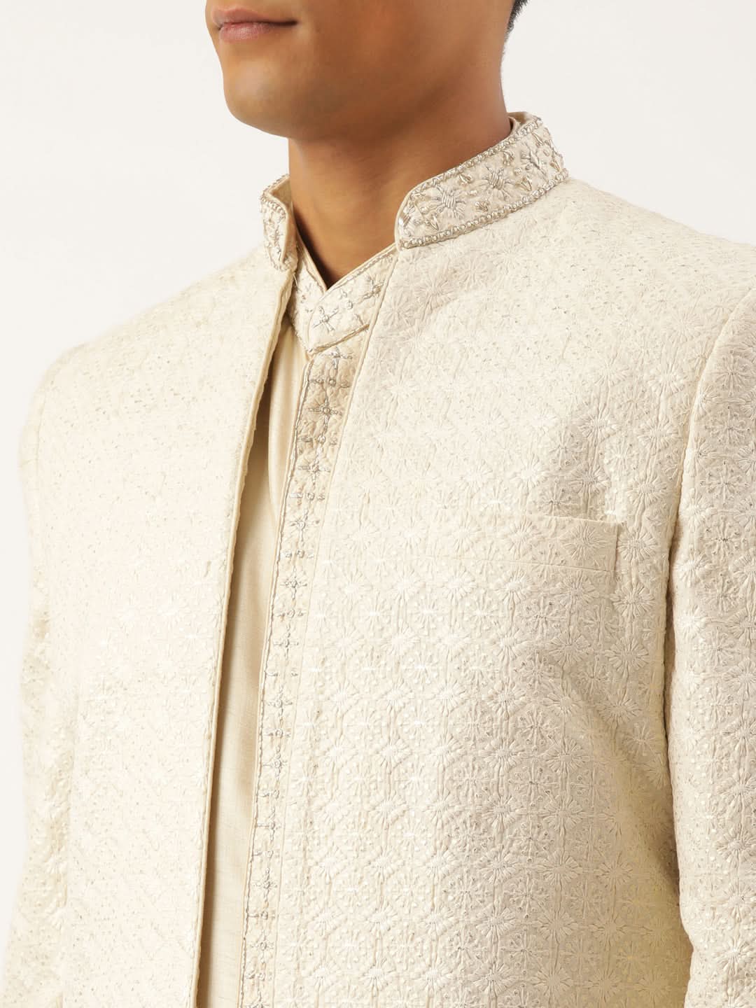 Cream Shimmer Embroidery Indowestern with Kurta Set