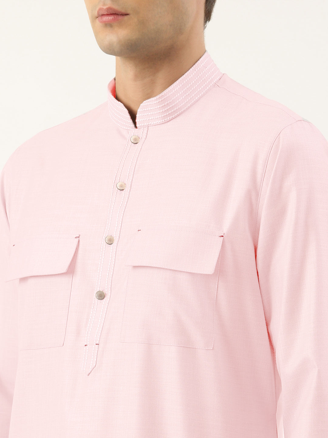 Baby Pink Pure Cotton Pathani Kurta Set with Patch pocket