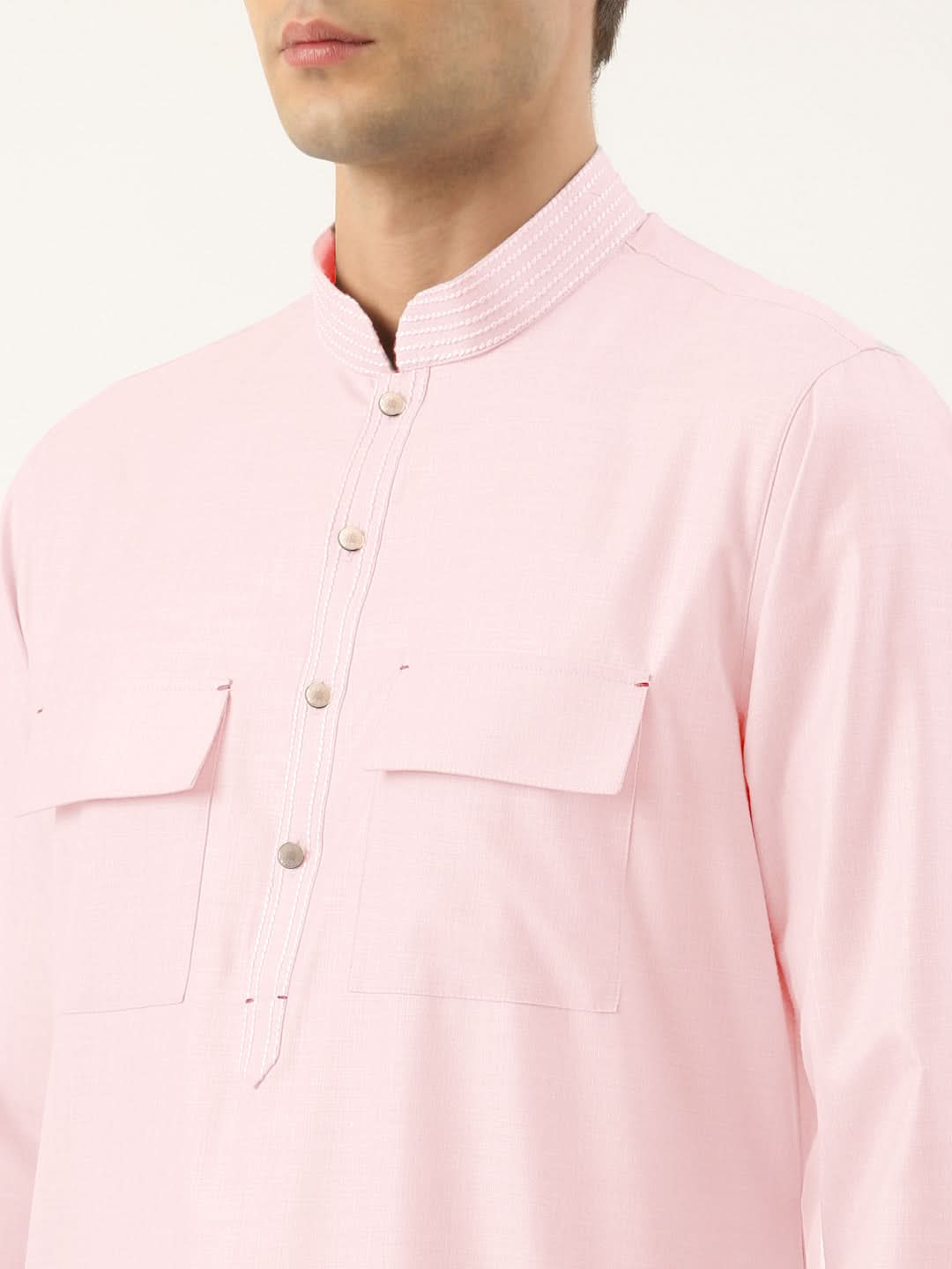 Baby Pink Pure Cotton Pathani Kurta Set with Patch pocket