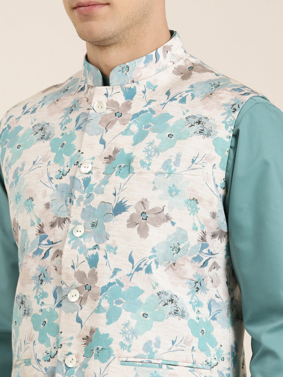 Beige Linen Printed Jacket Kurta Set